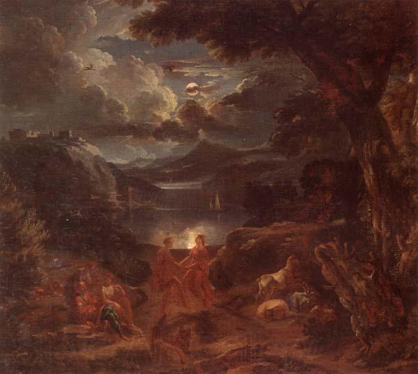 unknow artist A pastoral scene with shepherds and nymphs dancing in the moonlight by the edge of a lake Spain oil painting art